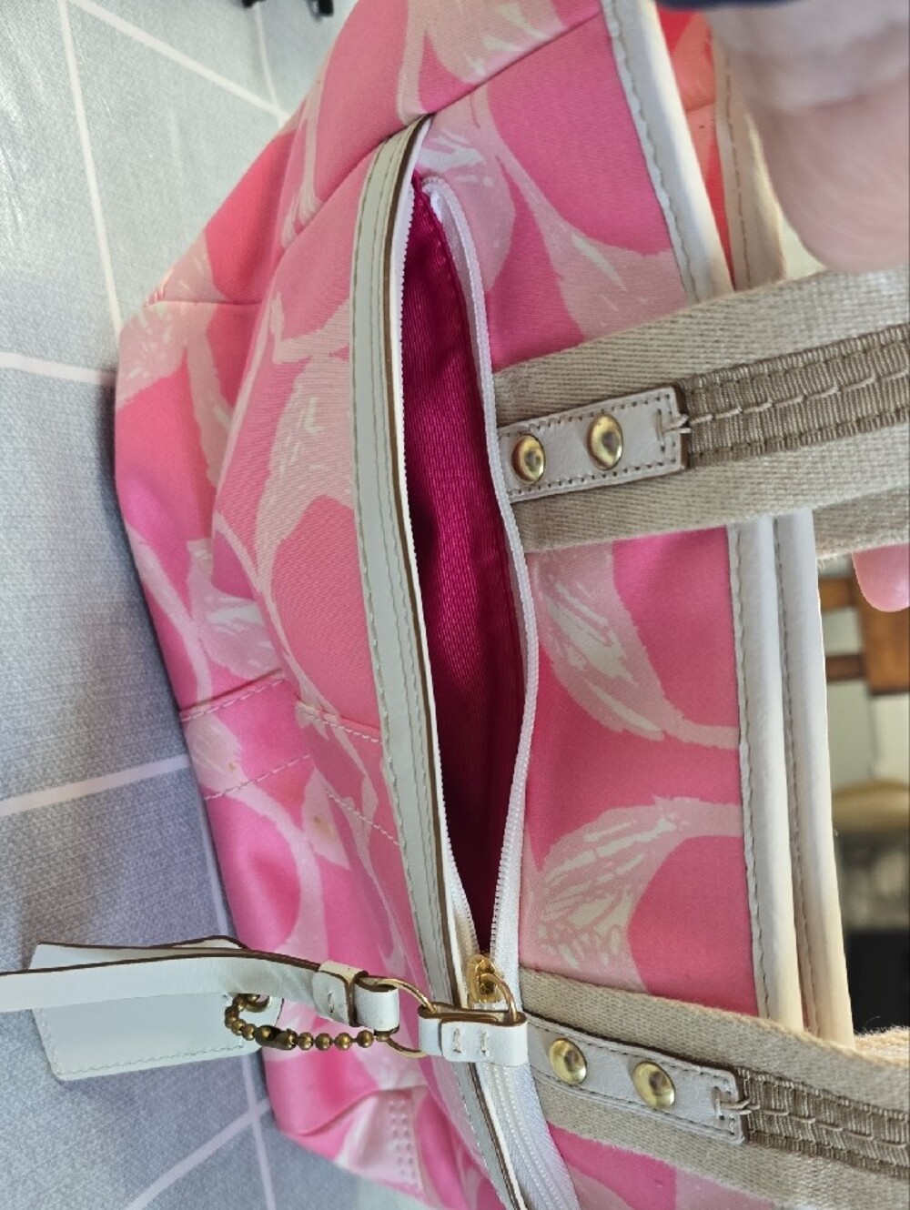 Coach Pink Patterned Tote with Cream Handles - Picture 5 of 13